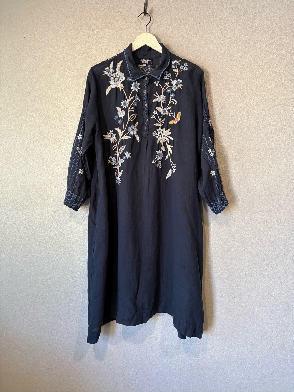 Johnny Was Workshop Shiloh Embroidered Henley Shirt Long Sleeve Midi Dress large